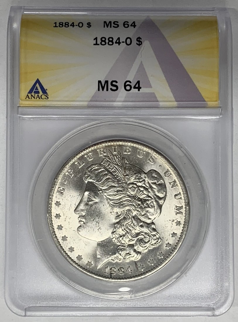 ANACS MS 64 Graded 1884-O Morgan Silver Dollar United States $1 Coin: ANACS MS 64 Graded 1884-O Morgan Silver Dollar United States $1 Coin This is an 1884-O Morgan Silver Dollar coin from the United States, certified by ANACS with a grade of MS 64. It is uncirculated an