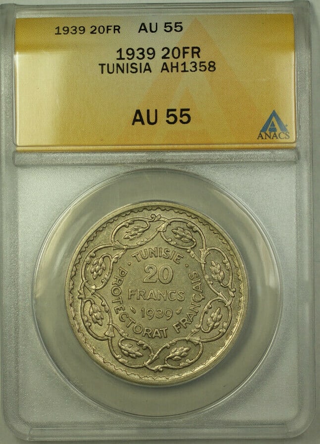 Tunisia 20 Francs 1939 Silver Coin ANACS AU 55 Certified KM 266: Tunisia 20 Francs 1939 Silver Coin ANACS AU 55 Certified KM 266 This 1939 Tunisia 20 Francs coin is composed of silver with a fineness of 0.68. Certified by ANACS with a grade of AU 55, it is a pre-ow