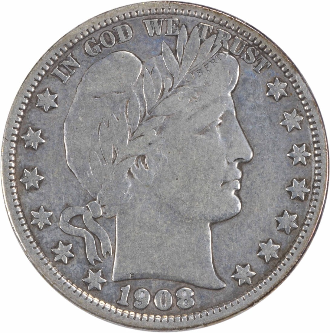 1908-D Barber Silver Half Dollar VF Uncertified 50C Coin: 1908-D Barber Silver Half Dollar VF Uncertified 50C Coin This 1908-D Barber Silver Half Dollar is a classic piece from the Denver mint, showcasing the craftsmanship of designer Charles E. Barber. Circ