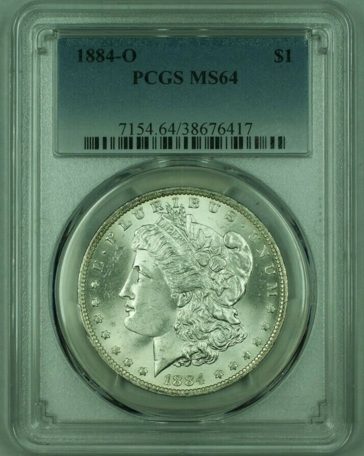 PCGS MS-64 1884-O Morgan Dollar Silver Coin from New Orleans Mint: PCGS MS-64 1884-O Morgan Dollar Silver Coin from New Orleans Mint This 1884-O Morgan Silver Dollar features a Mint State 64 (MS-64) grade by PCGS. Minted in New Orleans, the coin is composed of silver