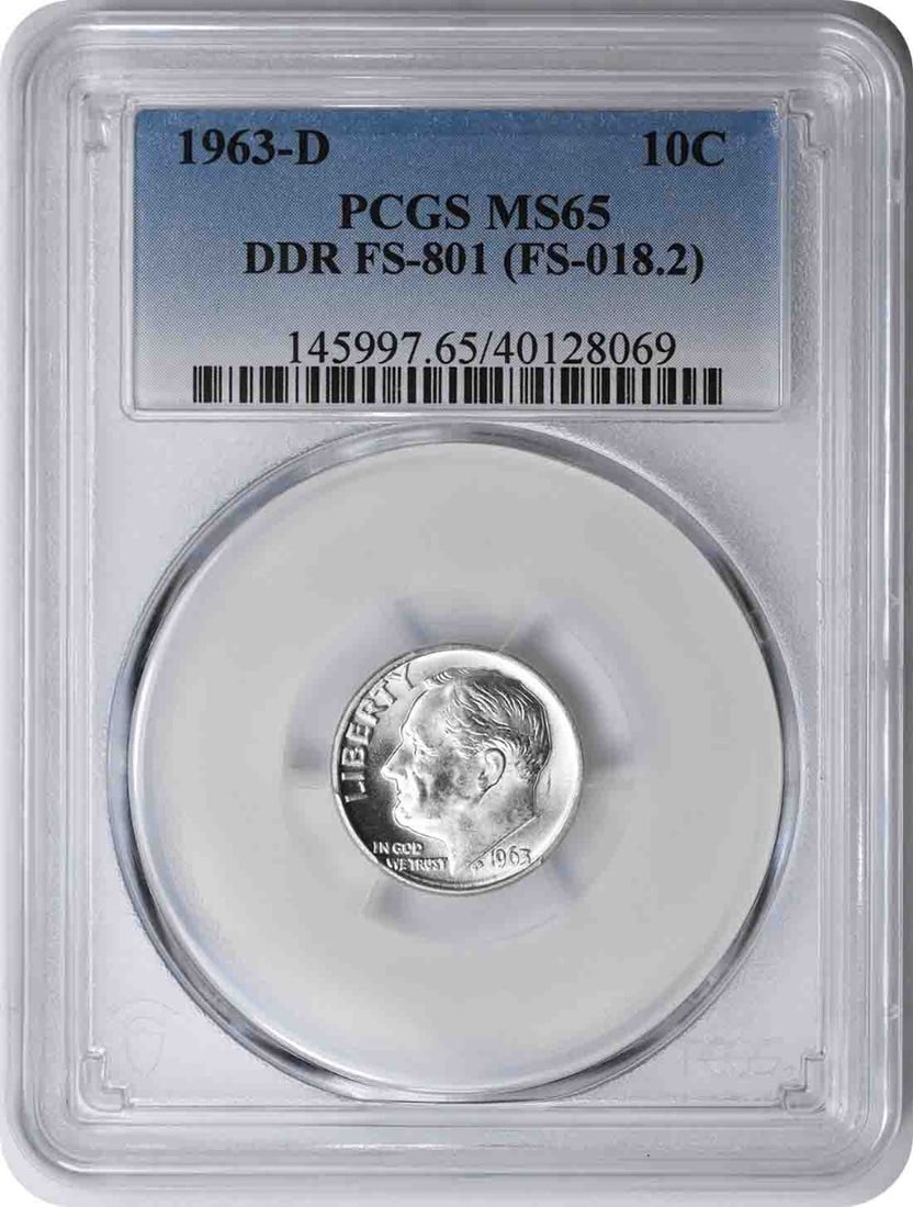 PCGS MS65 1963 Denver Roosevelt Dime DDR FS-801 Variety: PCGS MS65 1963 Denver Roosevelt Dime DDR FS-801 Variety This 1963-D Roosevelt Dime is a certified uncirculated coin graded MS65 by PCGS. Minted in Denver, it is composed of 90% silver and 10% copper.
