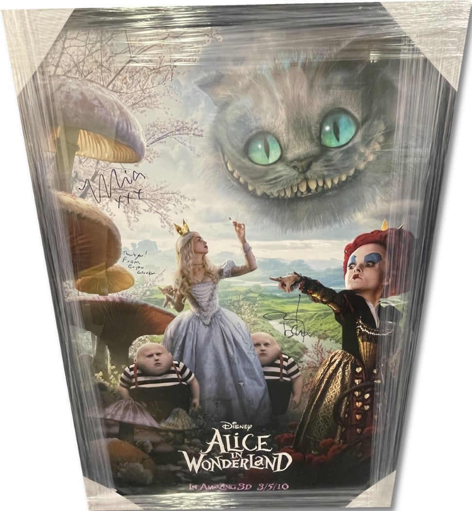 Alice In Wonderland Signed Cast Poster JSA Authenticated Framed 29x42: Alice In Wonderland Signed Cast Poster JSA Authenticated Framed 29x42 This original Alice In Wonderland cast poster features autographs from renowned actors Johnny Depp, Crispin Glover, and Mia Wasiko