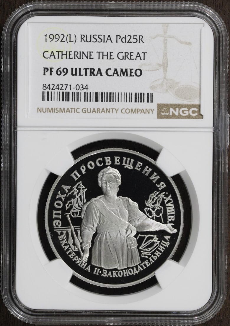 Russia 1992 Palladium 25 Rouble Catherine the Great NGC PF69 Coin 1 oz: Russia 1992 Palladium 25 Rouble Catherine the Great NGC PF69 Coin 1 oz This is a 1992 Russian commemorative coin featuring Catherine the Great, struck in .999 fine palladium with a weight of 1 oz. The