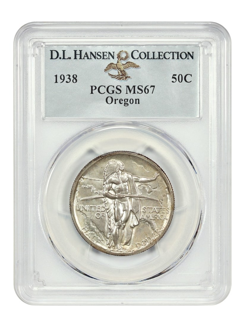 Oregon 1938 Half Dollar PCGS MS67 Classic Silver Commemorative ex D L Hansen: Oregon 1938 Half Dollar PCGS MS67 Classic Silver Commemorative ex D L Hansen This 1938 Oregon half dollar is a classic silver commemorative coin graded MS67 by PCGS. Struck at the Philadelphia Mint, i