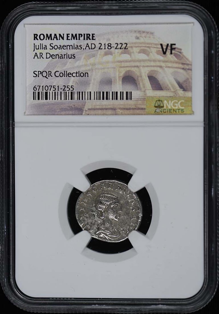 Julia Soaemias AD 218-222 NGC VF20 Ancient Roman Denarius: Julia Soaemias AD 218-222 NGC VF20 Ancient Roman Denarius This Ancient Roman denarius features Julia Soaemias, who reigned from AD 218 to 222. Graded as VF20 by NGC, this coin showcases a clear repres