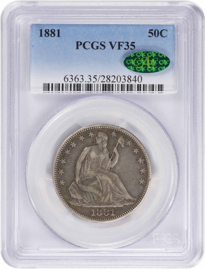 1881 Liberty Seated Half Dollar VF35 PCGS CAC 50C Silver Coin: 1881 Liberty Seated Half Dollar VF35 PCGS CAC 50C Silver Coin This 1881 Liberty Seated Half Dollar is a remarkable piece certified by PCGS, graded at VF35 and bearing the CAC designation. Minted in Ph