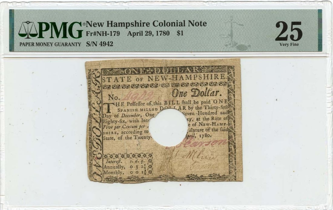1780 New Hampshire $1 Colonial Note FR#NH-179 PMG VF25 Certified: 1780 New Hampshire $1 Colonial Note FR#NH-179 PMG VF25 Certified This $1 New Hampshire Colonial Note, dated April 29, 1780, is a remarkable piece of history. It is certified by PMG with a grade of VF2
