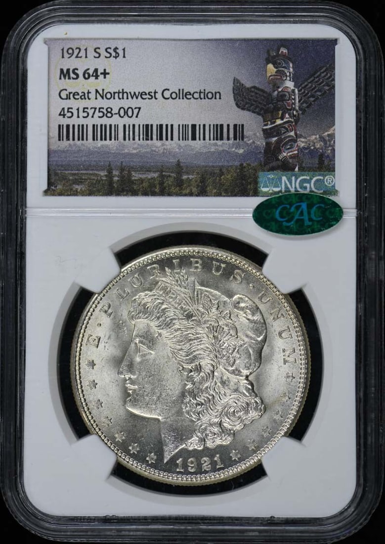 1921-S Morgan Dollar NGC MS64+ CAC Uncirculated San Francisco: 1921-S Morgan Dollar NGC MS64+ CAC Uncirculated San Francisco This 1921-S Morgan Dollar is certified by NGC with a grade of MS64+, indicating its uncirculated condition and high quality. Minted in San