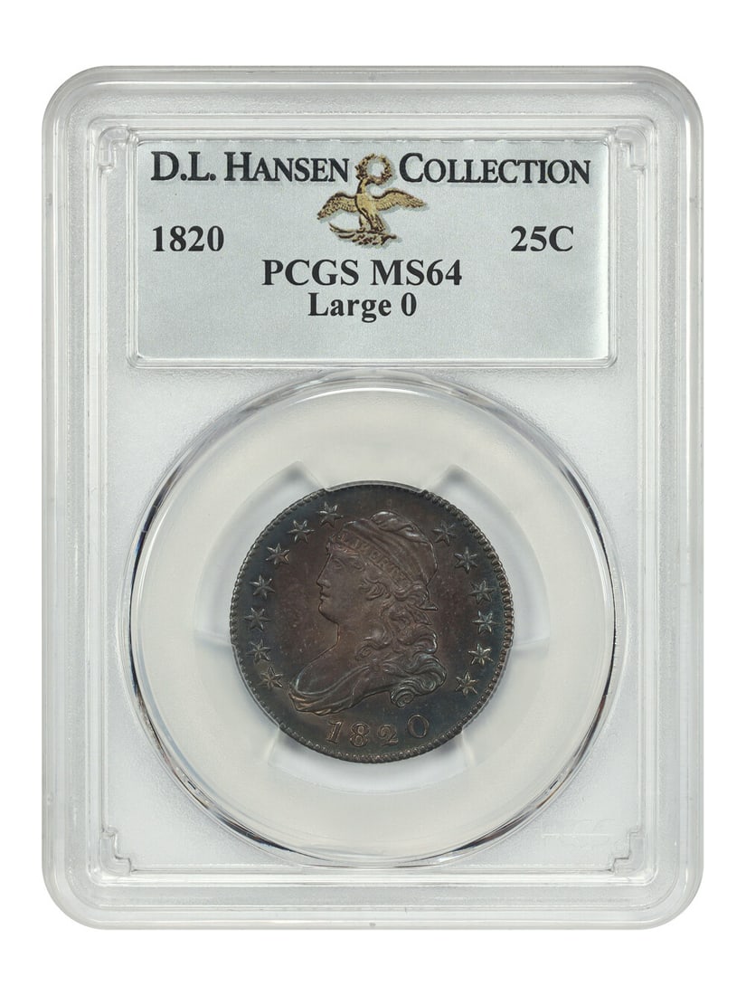 1820 Capped Bust Quarter 25C PCGS MS64 Large 0 B-2 Variety: 1820 Capped Bust Quarter 25C PCGS MS64 Large 0 B-2 Variety This stunning 1820 Capped Bust Quarter is graded MS64 by PCGS, showcasing remarkable preservation and detail. With a denomination of 25 cents