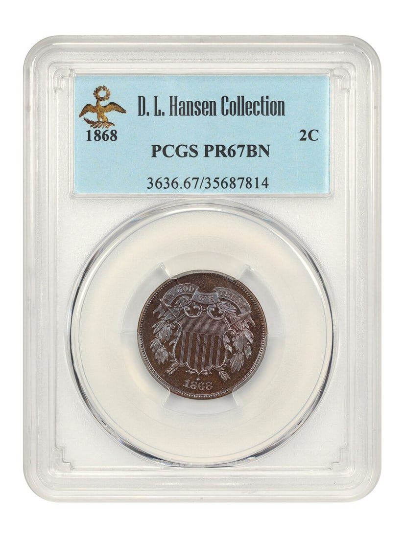 1868 PCGS Proof 67 BN 2-Cent Coin Low Mintage Stunning Color: 1868 PCGS Proof 67 BN 2-Cent Coin Low Mintage Stunning Color This stunning 1868 2 Cent coin is graded Proof 67 Brown (BN) by PCGS, with a certification number of 35687814. As an uncirculated piece, it