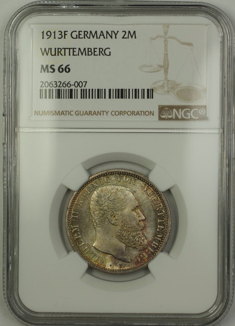 NGC MS66 1913 Wurttemberg Two Marks Silver Coin Germany Toned Uncirculated: NGC MS66 1913 Wurttemberg Two Marks Silver Coin Germany Toned Uncirculated This is a 1913F Germany Wurttemberg 2 Mark silver coin, certified by NGC with a grade of MS 66. The coin is uncirculated and