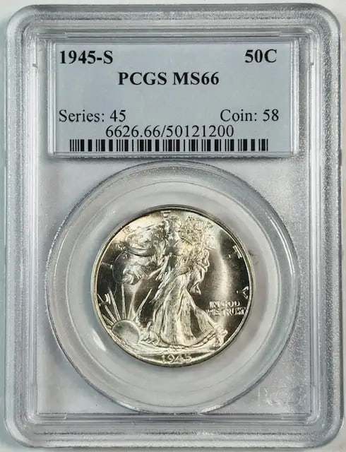 1945 S Walking Liberty Half Dollar PCGS MS66 Uncirculated Silver: 1945 S Walking Liberty Half Dollar PCGS MS66 Uncirculated Silver This 1945 S Walking Liberty Half Dollar is certified by PCGS with a remarkable grade of MS-66, indicating its uncirculated condition. S