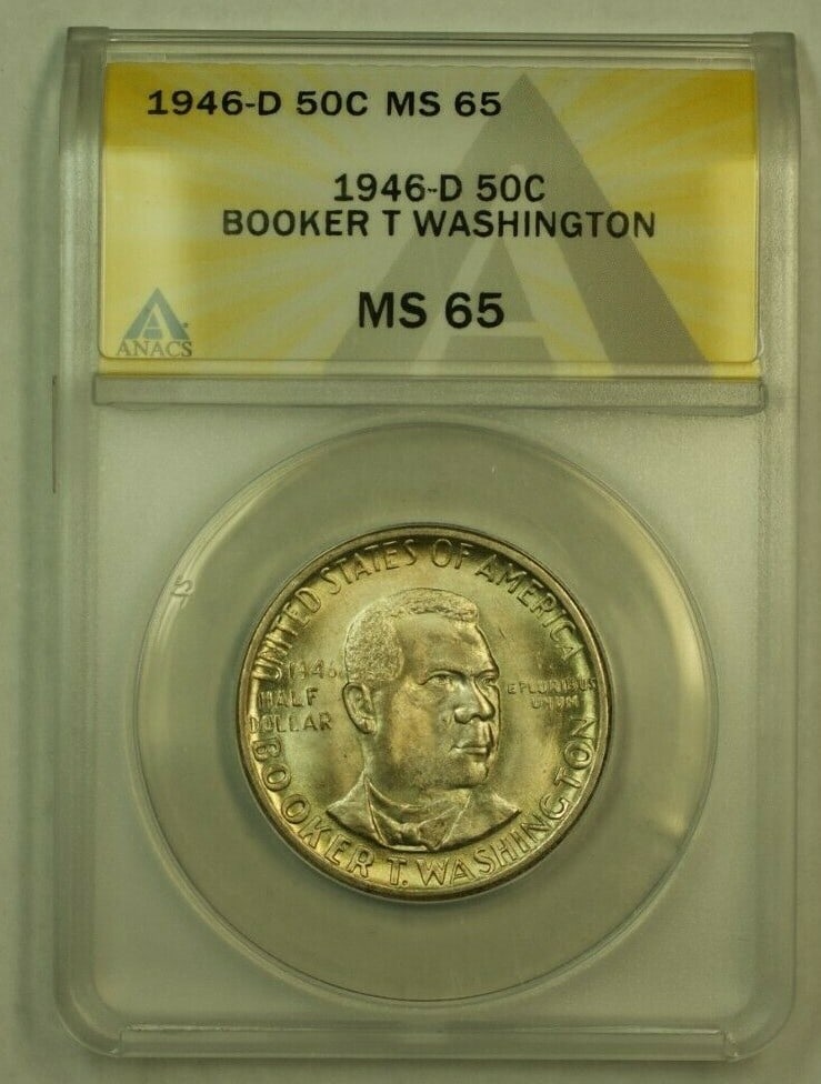 ANACS MS-65 1946-D Silver Booker T Washington Commemorative Half Dollar: ANACS MS-65 1946-D Silver Booker T Washington Commemorative Half Dollar This 1946-D Booker T. Washington commemorative half dollar is struck in silver and certified by ANACS with a grade of MS-65. Iss