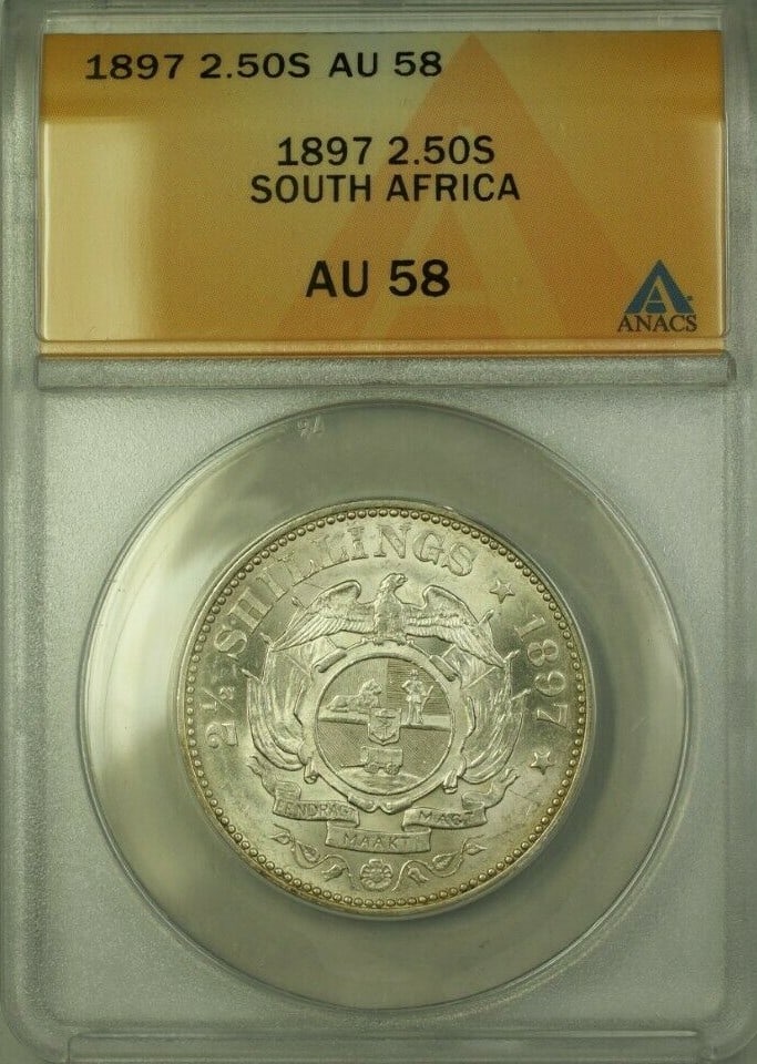 ANACS AU 58 Silver 1897 2-1/2 Shillings Coin from South Africa: ANACS AU 58 Silver 1897 2-1/2 Shillings Coin from South Africa This 1897 2-1/2 Shillings coin from South Africa is composed of 0.925 fine silver. Certified by ANACS and graded AU 58, it is a circulate