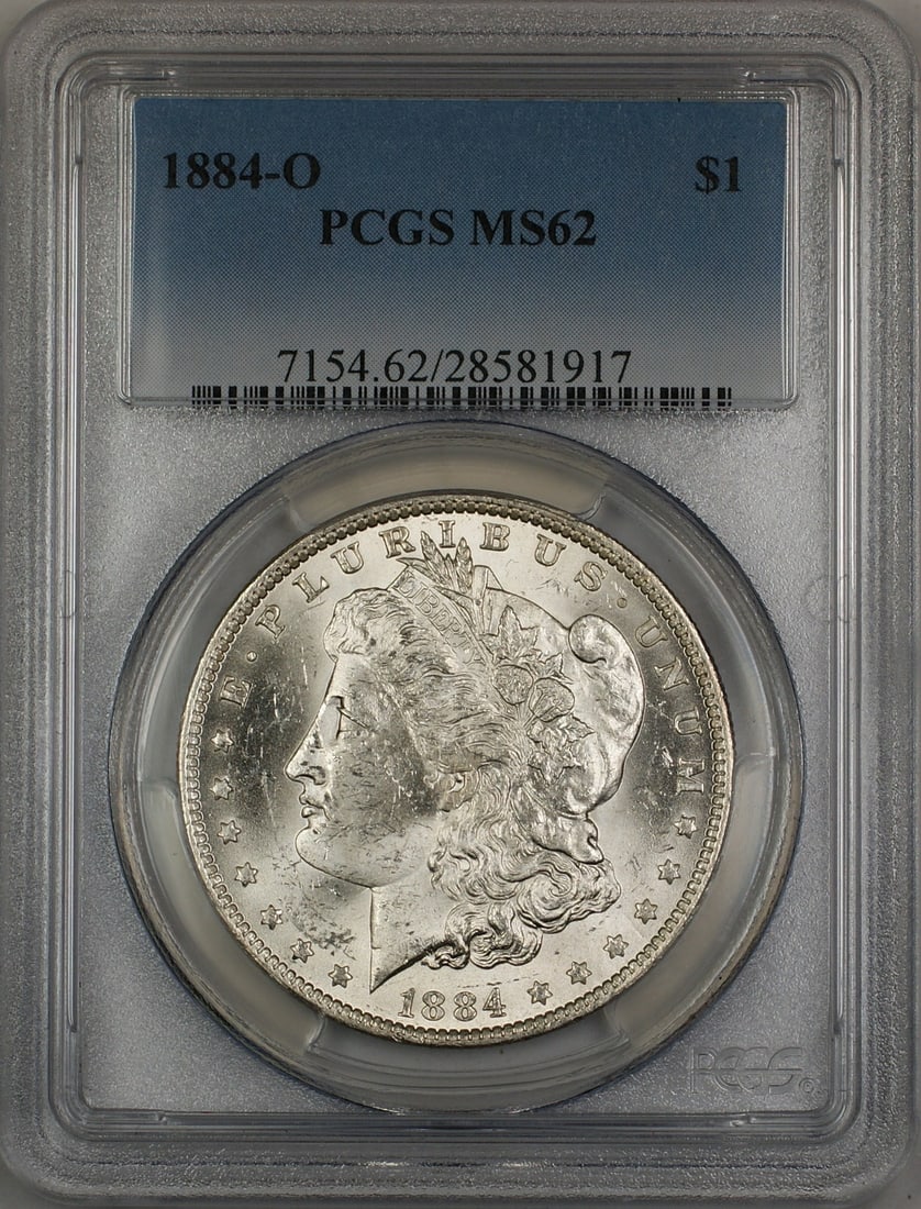 PCGS MS62 1884-O Silver Morgan Dollar Uncirculated Coin: PCGS MS62 1884-O Silver Morgan Dollar Uncirculated Coin This 1884-O Morgan Silver Dollar is graded MS-62 by PCGS and was minted in New Orleans. Composed of silver, this uncirculated coin is a pre-owne