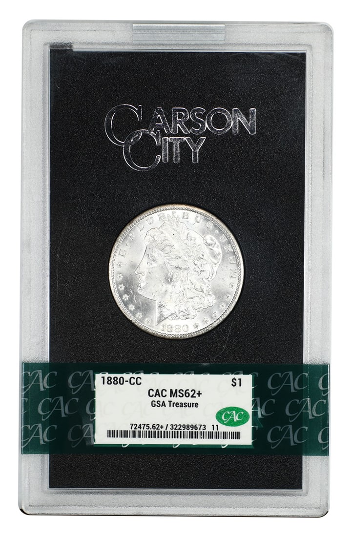 1880 Carson City Morgan Silver Dollar CACG MS62 Plus in GSA Box: 1880 Carson City Morgan Silver Dollar CACG MS62 Plus in GSA Box This is an 1880-CC Morgan Dollar graded MS62+ by CACG, featuring the Carson City mint mark. The coin is uncirculated and comes with its