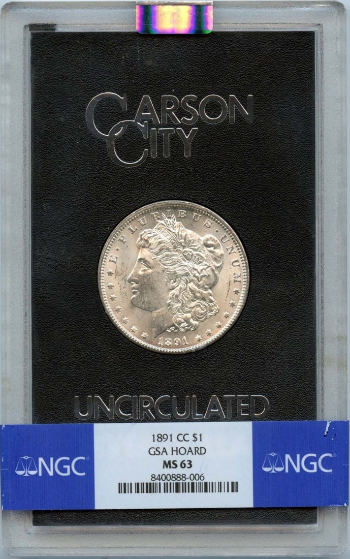 1891 Carson City Morgan Dollar NGC MS63 GSA Hoard: 1891 Carson City Morgan Dollar NGC MS63 GSA Hoard This remarkable 1891-CC Morgan Dollar is a true collectible treasure. Graded MS63 by NGC, this uncirculated coin showcases the beauty and craftsmanshi