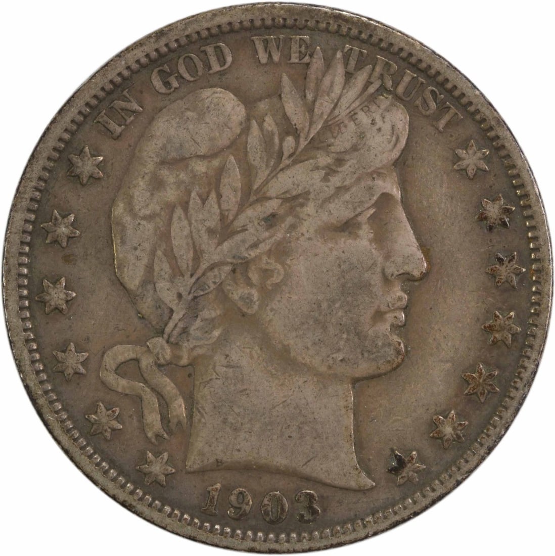 1903-S Barber Half Dollar 50C Silver Coin by Charles E. Barber: 1903-S Barber Half Dollar 50C Silver Coin by Charles E. Barber This 1903-S Barber Silver Half Dollar is a remarkable piece of numismatic history. Struck in San Francisco, this coin features a beautifu