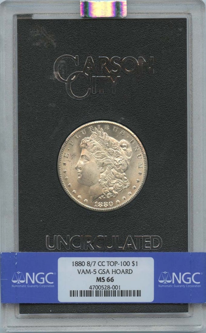 1880 Morgan Dollar VAM-5 NGC MS66 GSA Hoard Uncirculated: 1880 Morgan Dollar VAM-5 NGC MS66 GSA Hoard Uncirculated This stunning 1880 Morgan Dollar is a remarkable piece from the GSA hoard, boasting a high grade of MS66 as certified by NGC. Struck at the Phi