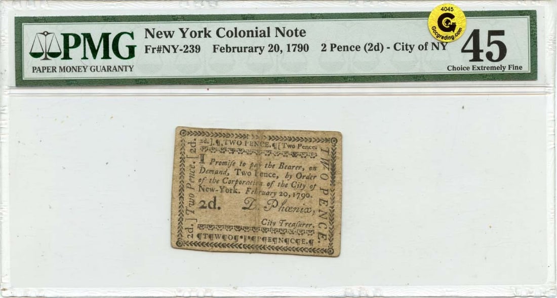 1790 New York Colonial 2d Note FR#NY-239 PMG XF45 Certification: 1790 New York Colonial 2d Note FR#NY-239 PMG XF45 Certification This is a 1790 New York Colonial Note, designated as FR#NY-239 and certified by PMG with a grade of XF45. The note is circulated and rep