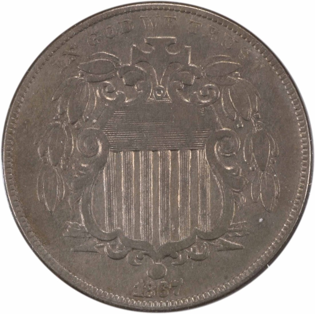 1867 Shield Nickel 5C KM 96 Extra Fine Uncertified: 1867 Shield Nickel 5C KM 96 Extra Fine Uncertified This 1867 Shield Nickel features the unique RPD (Repunched Date) variety and is graded as Choice EF (Extremely Fine). The coin is made of nickel and