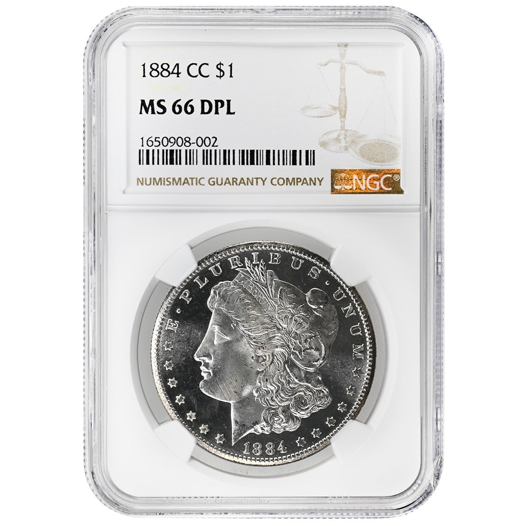 NGC MS66DPL 1884 Carson City Morgan Dollar Deep Proof-Like Silver Coin: NGC MS66DPL 1884 Carson City Morgan Dollar Deep Proof-Like Silver Coin This 1884-CC Morgan Dollar is a rare collectible coin originating from the United States and minted in Carson City. Certified by