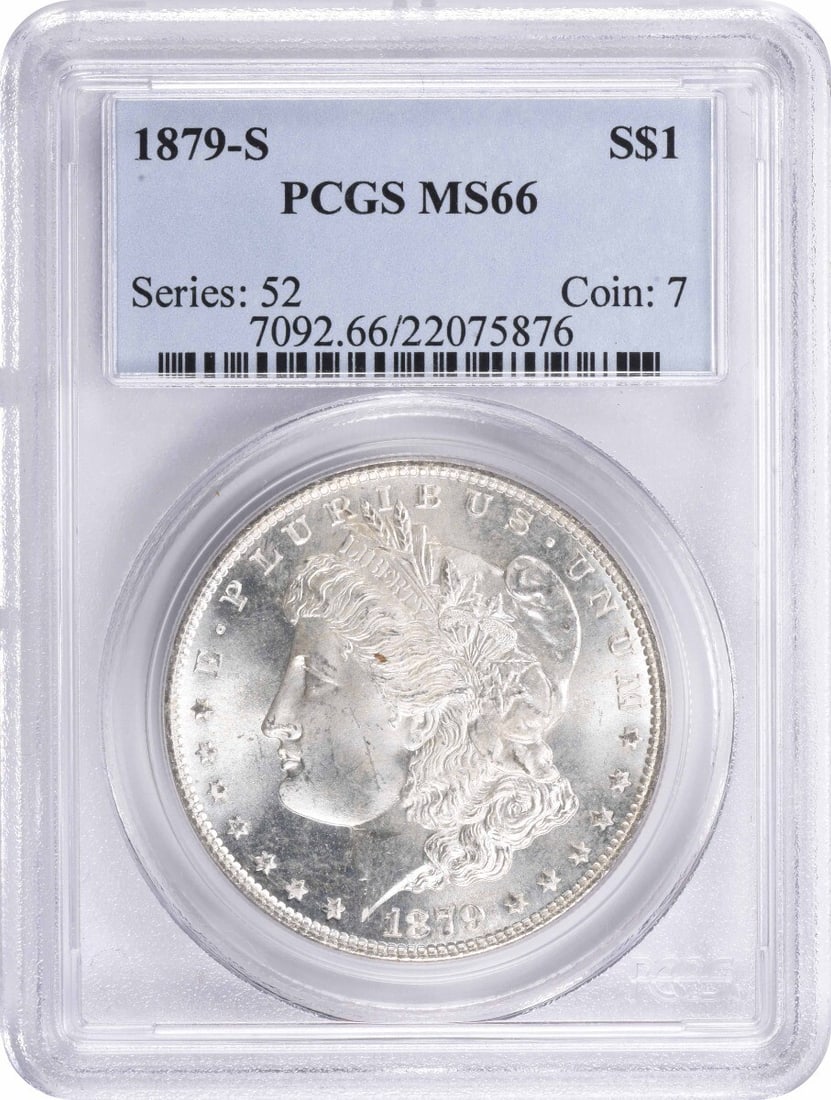 PCGS MS66 1879 San Francisco Morgan Dollar 90 Percent Silver: PCGS MS66 1879 San Francisco Morgan Dollar 90 Percent Silver This is an 1879-S Morgan Silver Dollar graded MS66 by PCGS. Struck at the San Francisco Mint, this uncirculated coin is composed of 90% sil
