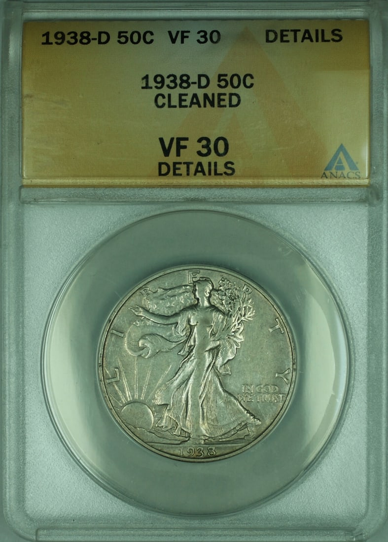 1938 Denver Liberty Walking 50 Cent Silver Half Dollar ANACS VF30 Cleaned: 1938 Denver Liberty Walking 50 Cent Silver Half Dollar ANACS VF30 Cleaned This 1938-D Walking Liberty Half Dollar is a 50-cent silver coin minted in Denver. It is composed of 90% silver and has been c