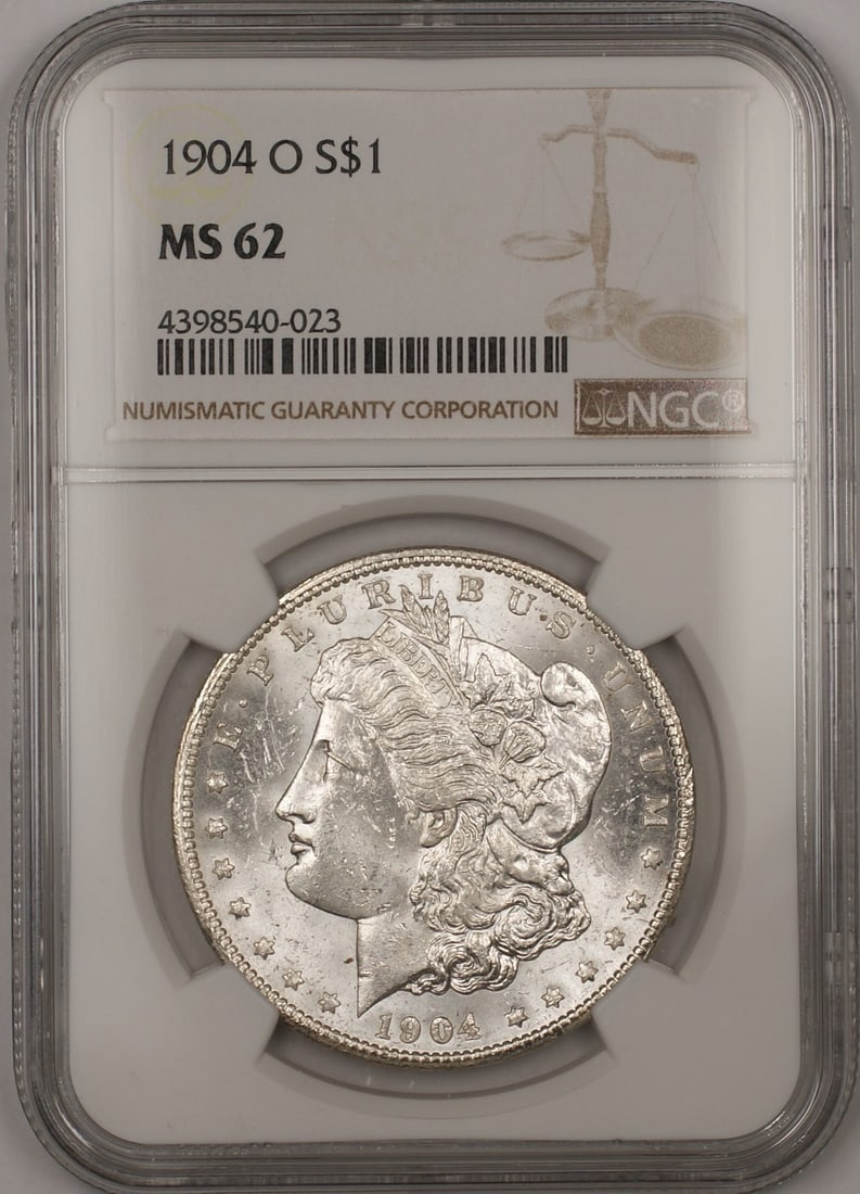 NGC MS 62 Certified 1904-O Morgan Silver Dollar from New Orleans Mint: NGC MS 62 Certified 1904-O Morgan Silver Dollar from New Orleans Mint This 1904-O Morgan Silver Dollar is graded MS-62 by NGC. Minted in New Orleans, it features a silver composition and remains uncir