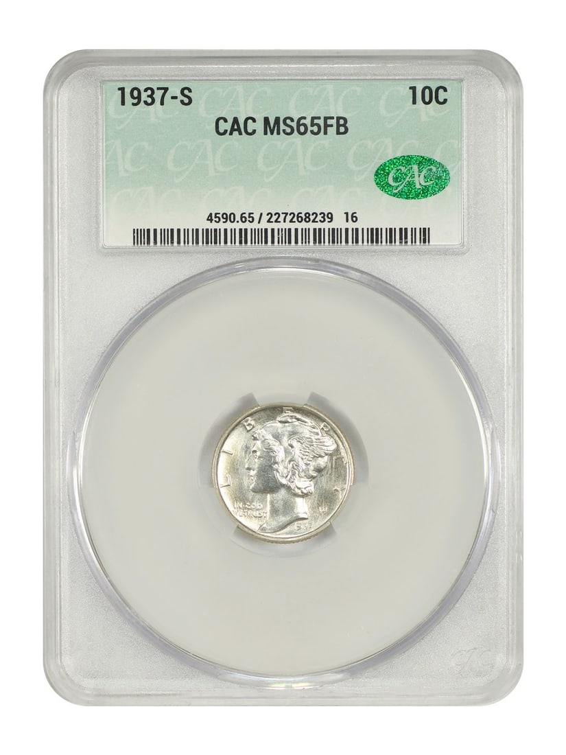 1937 San Francisco Mercury Dime CACG MS65FB Certified 10C Coin: 1937 San Francisco Mercury Dime CACG MS65FB Certified 10C Coin This is a 1937-S Mercury Dime graded MS65FB by CACG. Minted in San Francisco, this uncirculated coin features the Full Bands (FB) designa