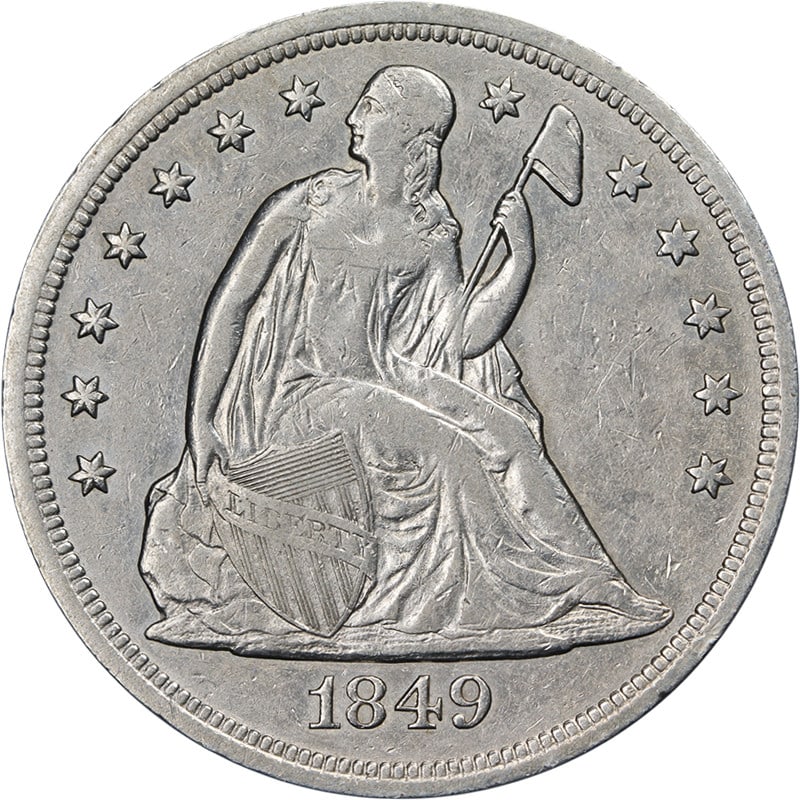 1849 Seated Liberty Dollar Choice XF Silver Coin with Eye Appeal: 1849 Seated Liberty Dollar Choice XF Silver Coin with Eye Appeal This 1849 Seated Liberty Dollar is a remarkable piece with nice eye appeal and a strong strike. The coin features a beautiful color and