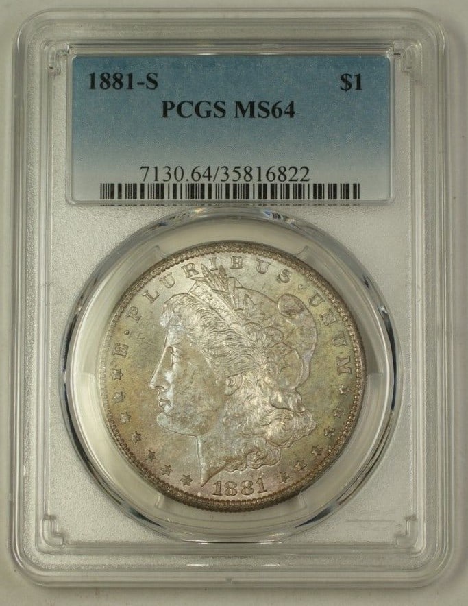 PCGS MS-64 1881-S Morgan Silver Dollar San Francisco Toned Uncirculated: PCGS MS-64 1881-S Morgan Silver Dollar San Francisco Toned Uncirculated This 1881-S US Morgan Silver Dollar is certified by PCGS with a grade of MS-64. Minted in San Francisco, the coin features attra