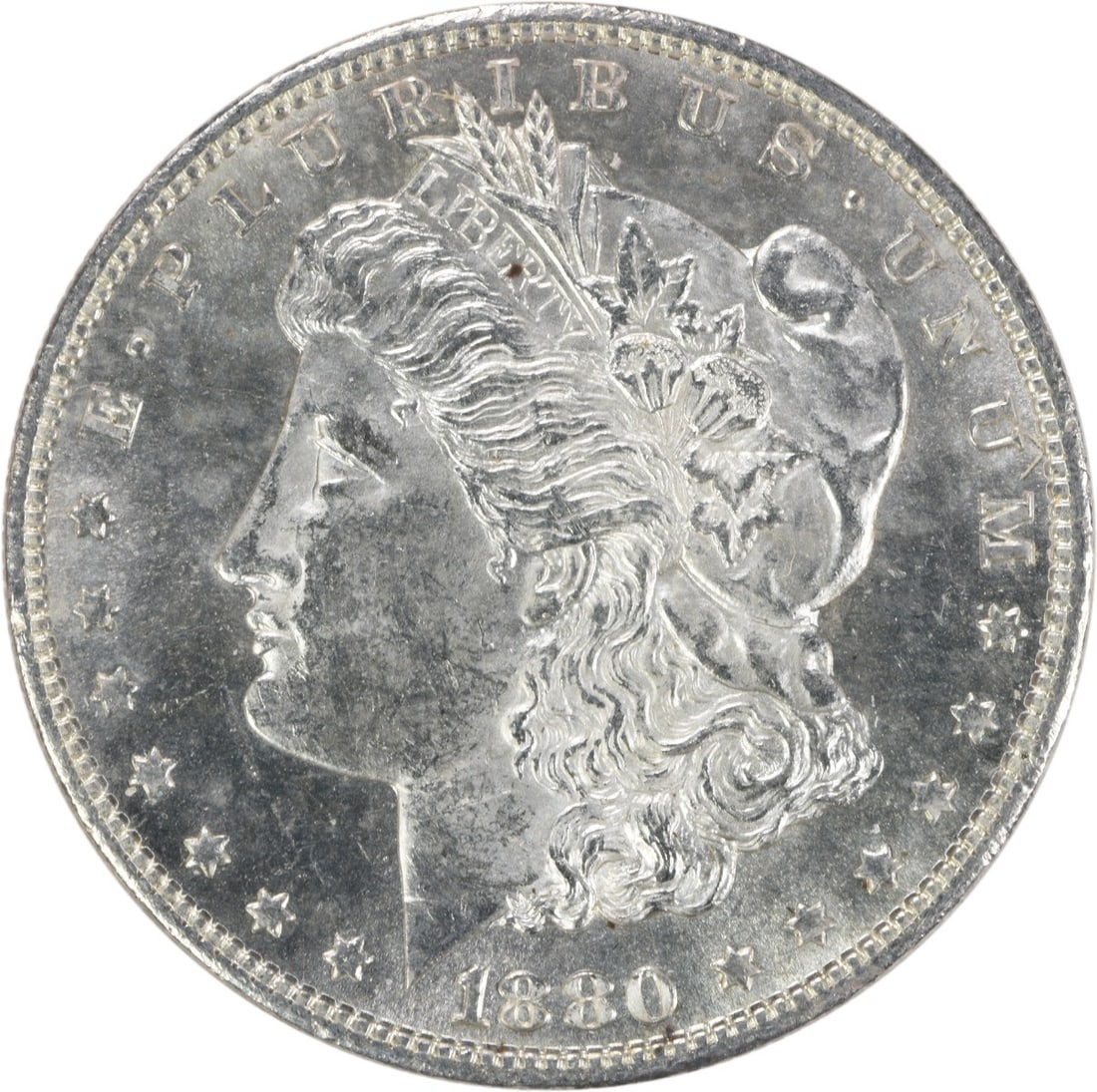 1880-S Morgan Silver Dollar Uncertified Brilliant Uncirculated: 1880-S Morgan Silver Dollar Uncertified Brilliant Uncirculated This 1880-S Morgan Silver Dollar is a stunning piece from the United States, featuring a high-quality Brilliant Uncirculated (BU) finish.