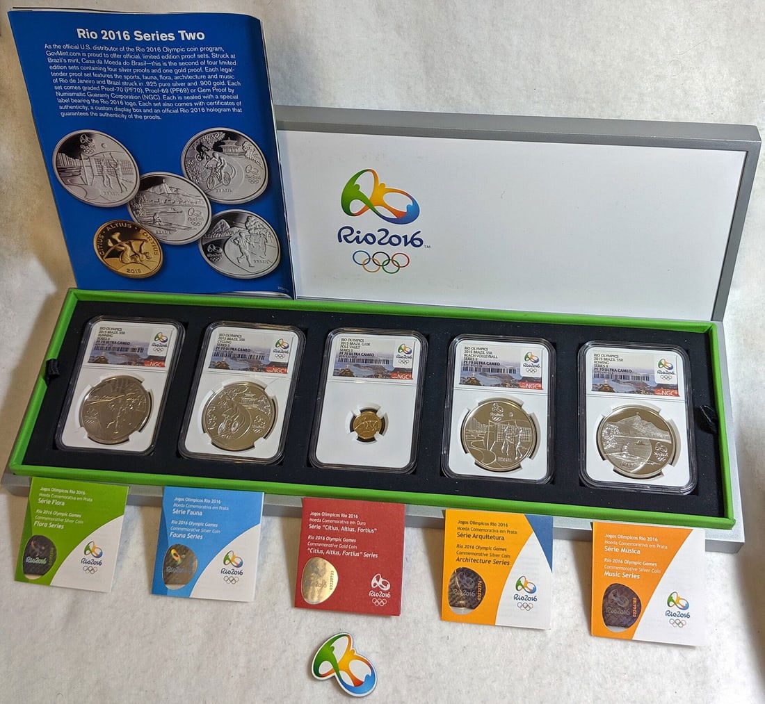 NGC PF70 2016 Rio Olympic Brazil Series 2 Five Coin Gold and Silver Proof Set: NGC PF70 2016 Rio Olympic Brazil Series 2 Five Coin Gold and Silver Proof Set This is an original 2016 Rio Olympic Brazil Gold & Silver 5 Coin Proof Set, Series 2. The set features five coins struck i