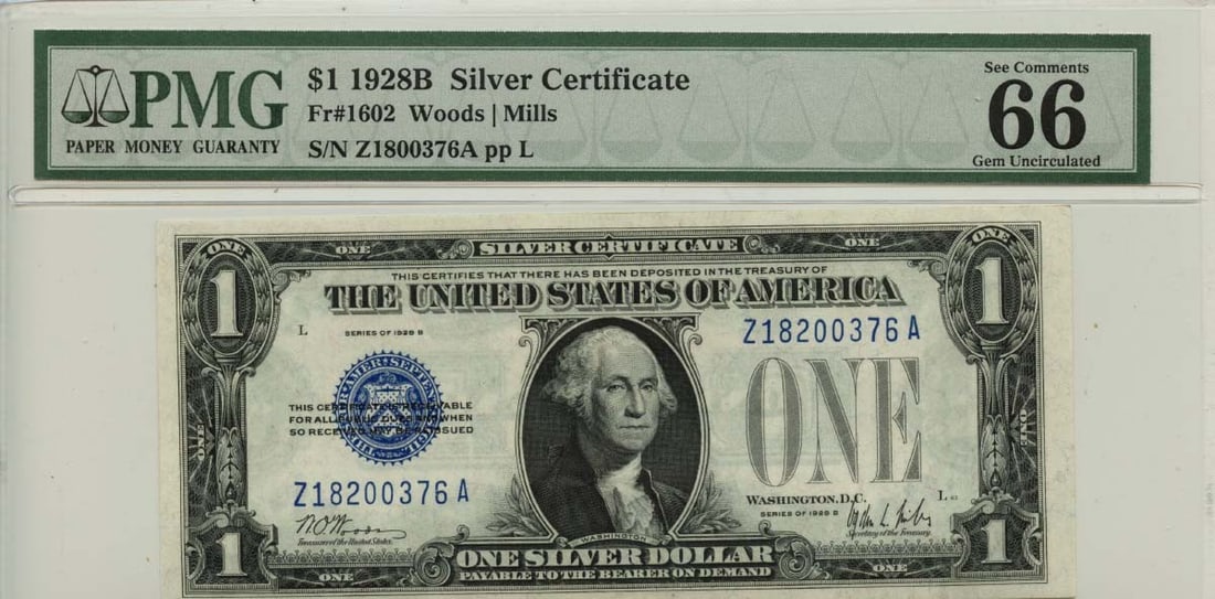 1928B $1 Silver Certificate Blue Seal PMG Gem66 EPQ FR# 1602: 1928B $1 Silver Certificate Blue Seal PMG Gem66 EPQ FR# 1602 This 1928B $1 Silver Certificate features a striking blue seal and is designated as FR# 1602. It has been certified by PMG with a grade of