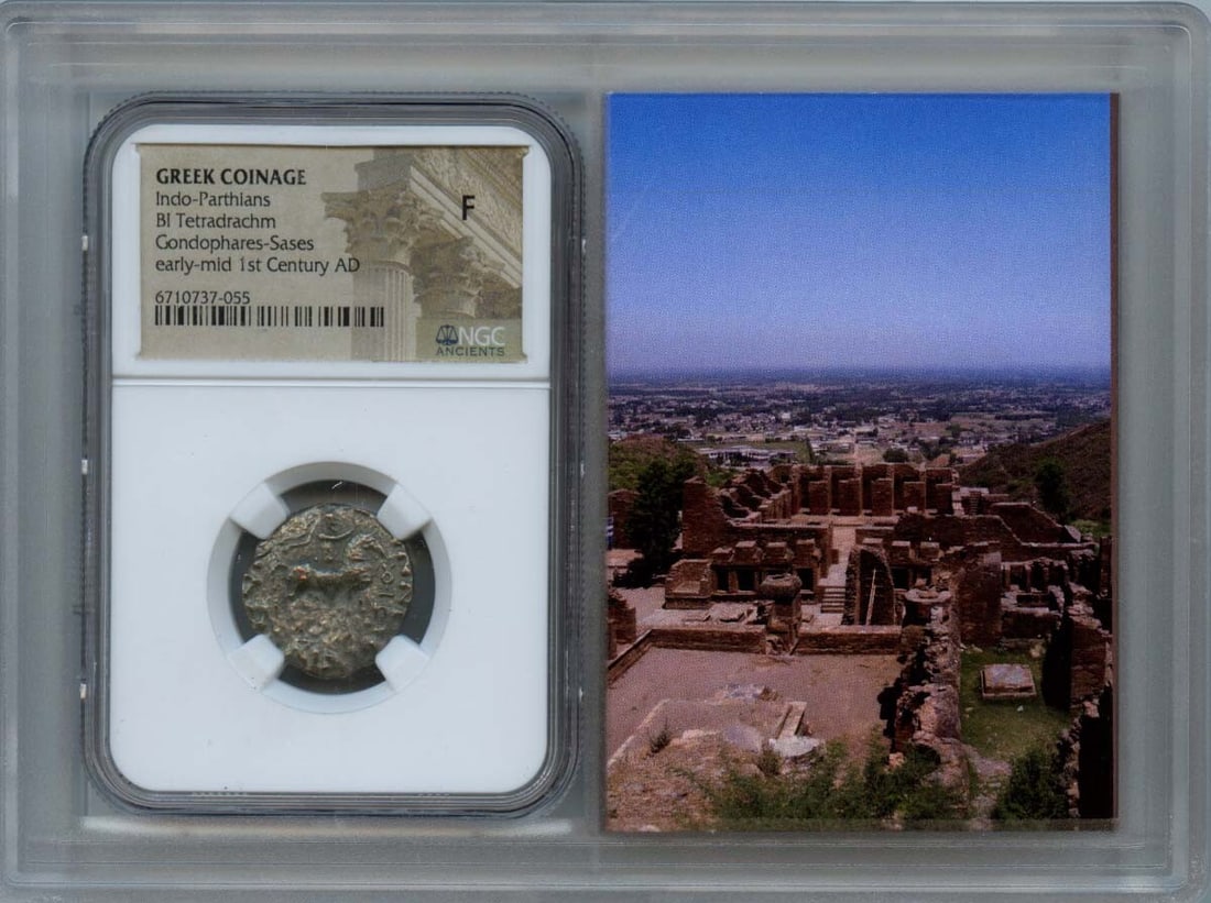 Indo-Parthian Greek Coin Bi Tetradrachm NGC Certified F12: Indo-Parthian Greek Coin Bi Tetradrachm NGC Certified F12 This Indo-Parthian Greek coinage features a BI Tetradrachm certified by NGC with a grade of F12. An excellent addition for collectors of ancie