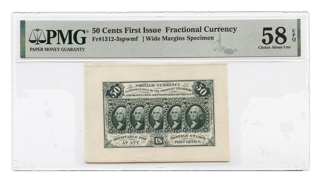 PMG Ch AU58 50C Fractional Currency 1st Issue Specimen Wide Margins: PMG Ch AU58 50C Fractional Currency 1st Issue Specimen Wide Margins This is a 50 Cents Fractional Currency note from the First Issue, graded AU58 EPQ by PMG, indicating its excellent condition with wi