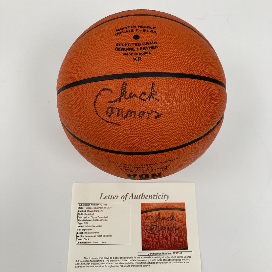 Rare Chuck Connor Signed Spalding NBA Basketball with JSA COA: Rare Chuck Connor Signed Spalding NBA Basketball with JSA COA This is an official Spalding NBA game basketball signed by Chuck Connor, a rare collectible for basketball enthusiasts. The ball is authen