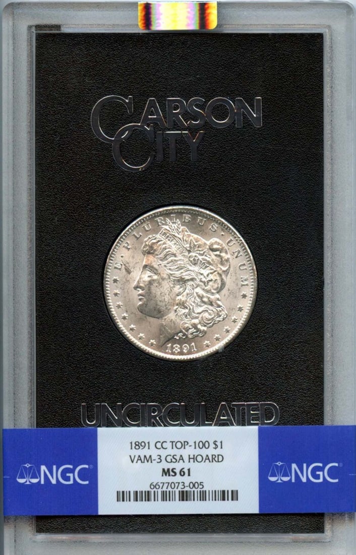 1891-CC Morgan Dollar VAM-3 GSA Hoard NGC MS61 Uncirculated: 1891-CC Morgan Dollar VAM-3 GSA Hoard NGC MS61 Uncirculated This 1891-CC Morgan Dollar is part of the prestigious TOP-100 series, featuring the VAM-3 variety. Graded MS61 by NGC, this coin is in uncir