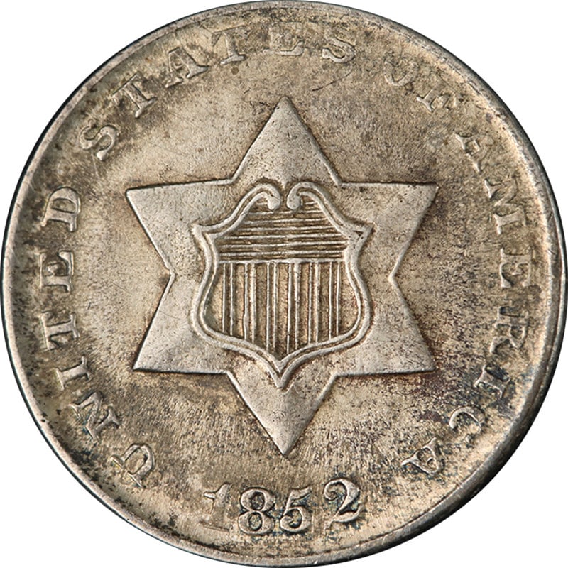 1852 Three Cent Silver Coin Uncirculated Strong Strike Eye Appeal: 1852 Three Cent Silver Coin Uncirculated Strong Strike Eye Appeal This 1852 Three (3) Cent Silver coin is graded as Nice Unc, showcasing excellent eye appeal with vibrant luster and a strong strike. T