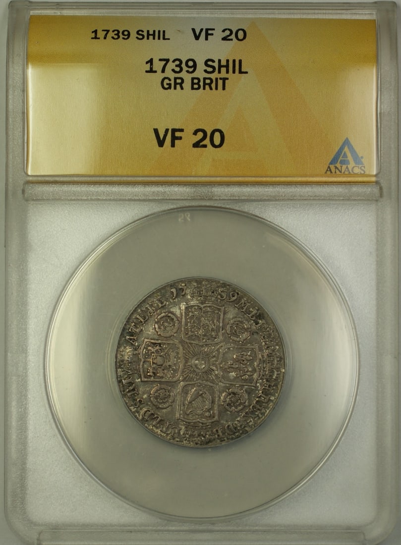 1739 George II Silver Shilling United Kingdom ANACS VF 20 Certified Coin: 1739 George II Silver Shilling United Kingdom ANACS VF 20 Certified Coin This 1739 Great Britain silver shilling features the portrait of King George II and has been certified by ANACS with a VF-20 gr