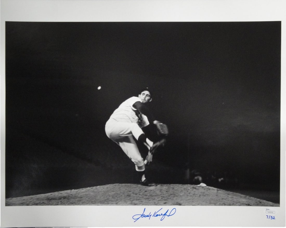 Sandy Koufax Autographed 16x20 Dodgers Photo JSA Certified: Sandy Koufax Autographed 16x20 Dodgers Photo JSA Certified Celebrate the legacy of Sandy Koufax with this hand-signed autographed 16x20 photo capturing the iconic Los Angeles Dodgers pitcher in action