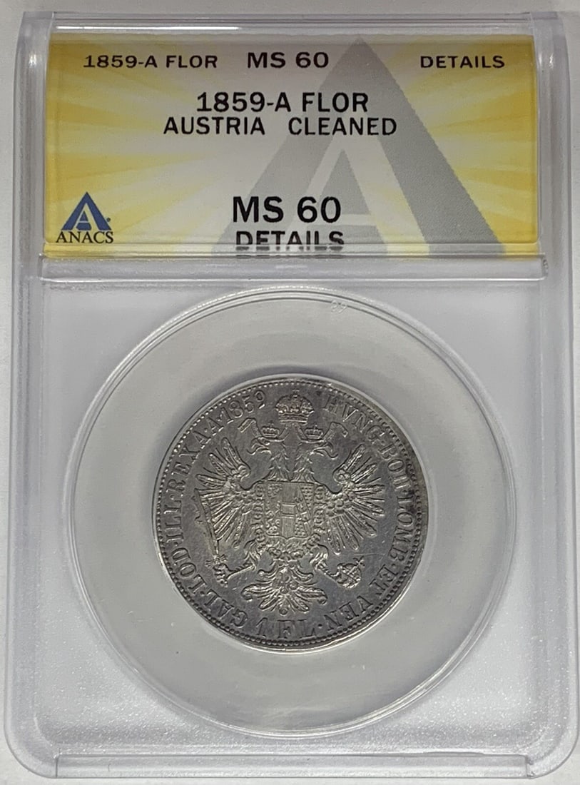 Austria 1859-A Silver 1 Florin ANACS MS 60 Certified Coin: Austria 1859-A Silver 1 Florin ANACS MS 60 Certified Coin This 1859-A Austria 1 Florin coin is composed of silver and certified by ANACS with a grade of MS 60 Details. The coin has been noted as clean
