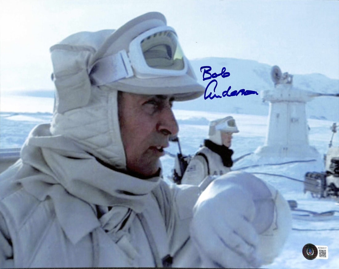 Bob Anderson Signed 11x10 Hoth Rebel Soldier Photo Beckett 10: Bob Anderson Signed 11x10 Hoth Rebel Soldier Photo Beckett 10 This remarkable 11x14 photo features Bob Anderson as a Hoth Rebel Soldier from Star Wars: The Empire Strikes Back. Hand-signed in blue per