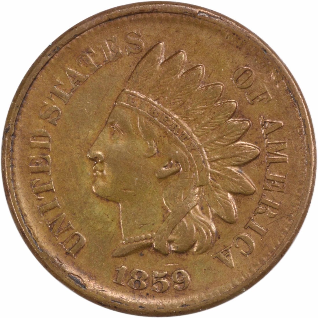 1859 Indian Head Cent AU Copper Uncertified Small Cent: 1859 Indian Head Cent AU Copper Uncertified Small Cent This 1859 Indian Cent, graded AU (About Uncirculated), showcases the iconic Indian Head design. It is a circulated coin, minted without a mint ma