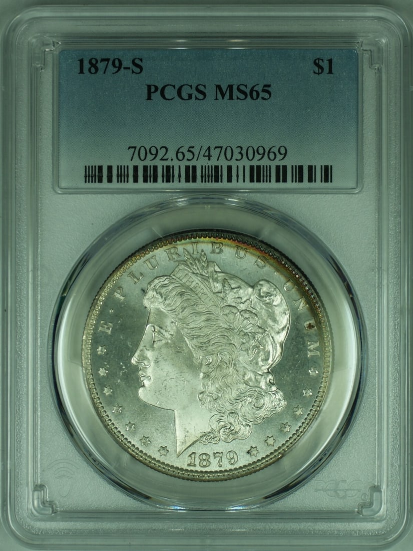 PCGS MS-65 1879 San Francisco Morgan Silver Dollar Semi Proof-Like: PCGS MS-65 1879 San Francisco Morgan Silver Dollar Semi Proof-Like This 1879-S Morgan Silver Dollar features semi proof-like surfaces and has been graded MS-65 by PCGS. Struck at the San Francisco Min