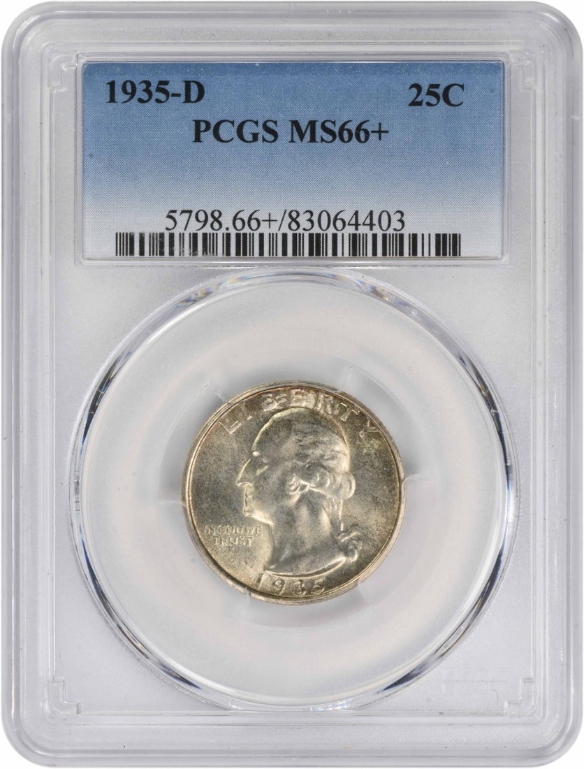 MS66 Plus 1935 Denver Washington Quarter PCGS Certified 25C Silver: MS66 Plus 1935 Denver Washington Quarter PCGS Certified 25C Silver This 1935-D Washington Quarter is graded MS66+ by PCGS, indicating a high-quality, uncirculated condition. Minted in Denver, it featu