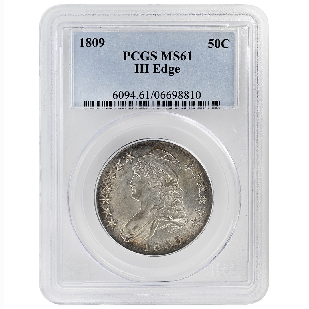 Capped Bust 1809 Half Dollar O-111a MS61 PCGS Lettered III Edge Silver Coin: Capped Bust 1809 Half Dollar O-111a MS61 PCGS Lettered III Edge Silver Coin This 1809 Capped Bust Half Dollar is a rare Type 1 Lettered Edge variety, designated O-111a, featuring the experimental III