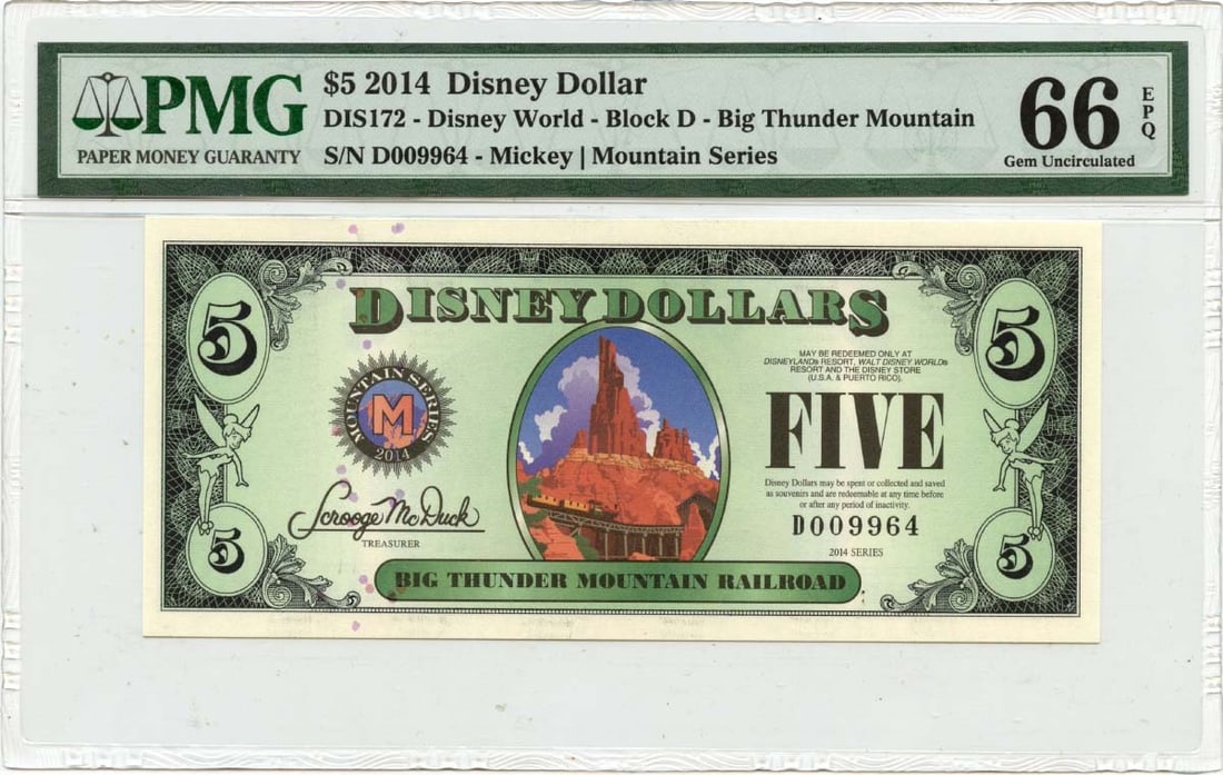 2014 Disney Dollar Big Thunder Mountain PMG GEM 66 EPQ: 2014 Disney Dollar Big Thunder Mountain PMG GEM 66 EPQ This 2014 $5 Disney Dollar featuring Big Thunder Mountain is a collectible note graded by PMG with a GEM 66 EPQ designation. This currency piece