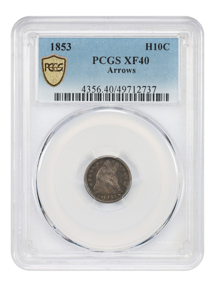 PCGS XF40 1853 Liberty Seated Half Dime Arrows Variety: PCGS XF40 1853 Liberty Seated Half Dime Arrows Variety This 1853 Liberty Seated Half Dime features the arrows variety and has been graded XF40 by PCGS. Struck in Philadelphia, this circulated coin is